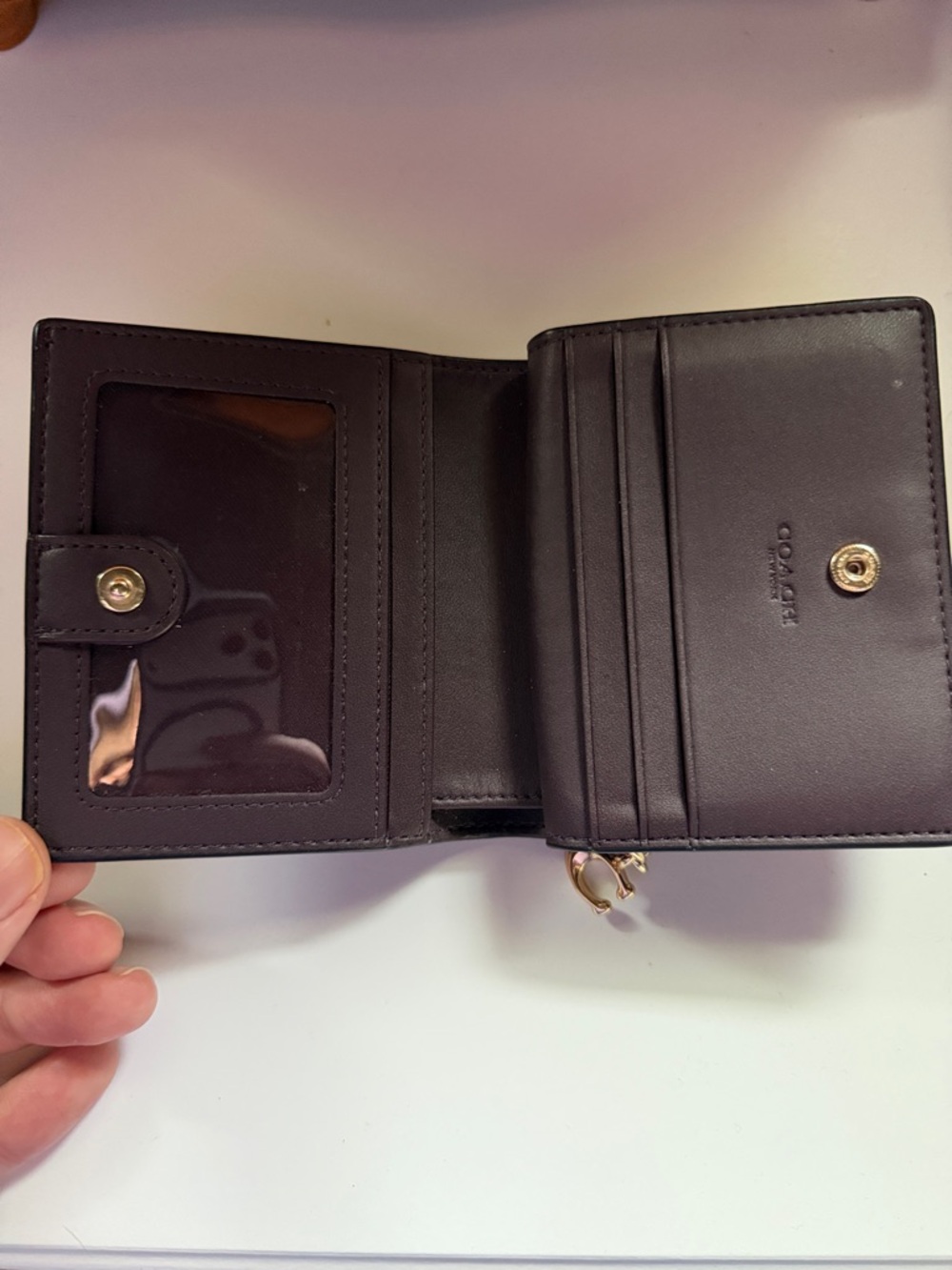 Coach Pebbled Leather Compact Wallet in Burgundy with Gold Hardware - Picture 2 of 3